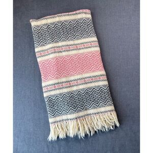 Faribo By Faribault Wool Fringe Throw 46x39 Pink Gray Zigzag Fair Isle Made USA